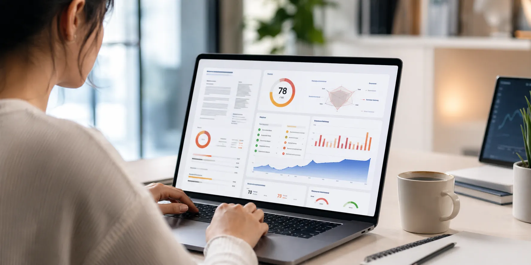 A user reviewing resume score and analytics dashboards on a laptop.