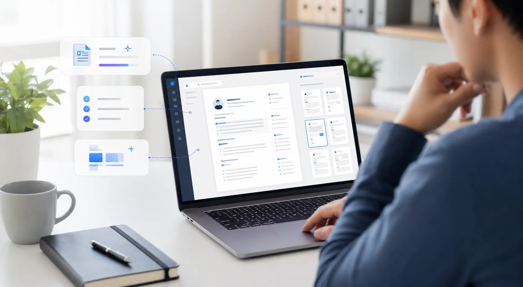 A candidate refining a resume with a polished AI-assisted builder interface on screen.